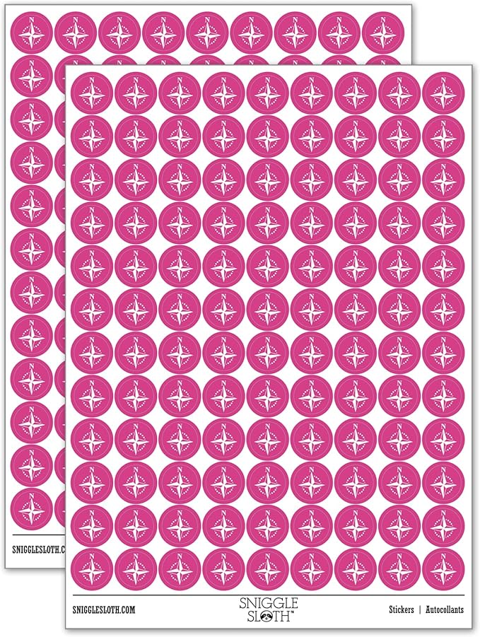 Compass Rose Nautical Star Navigation Map 200+ Round Stickers - Matte Finish - 0.50" Size - Hot Pink