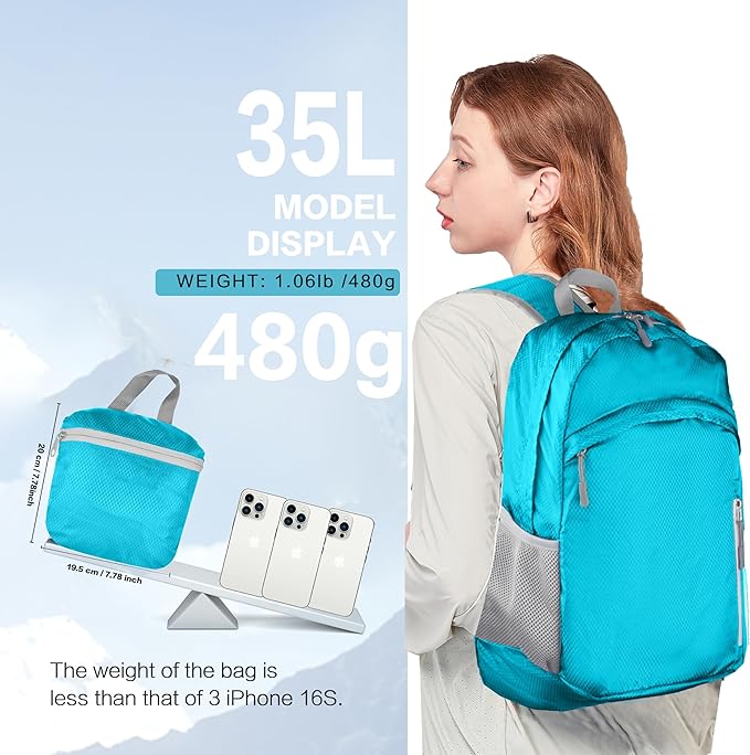Waterproof Foldable Backpack Dry Storage Lightweight Daypack 35L Outdoor Backpack for Beach Men Women Sky Blue