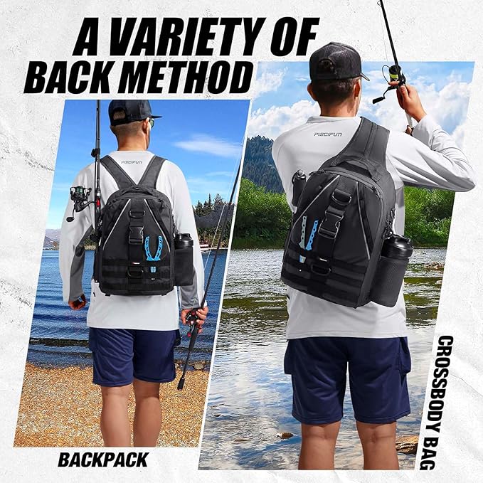 Piscifun Fishing Backpack with Rod Holder, Lightweight Sling Bag Storge Gear and Equipment