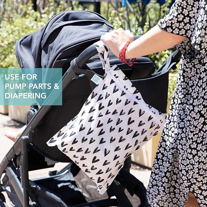 Bumkins Waterproof Wet Bag for Baby, Travel, Swim Suit, Cloth Diapers, Pump Parts, Pool, Beach, Gym Clothes, Toiletry, Hook to Stroller, Daycare, Zipper Reusable Wetdry Packing Pouch, Black Hearts