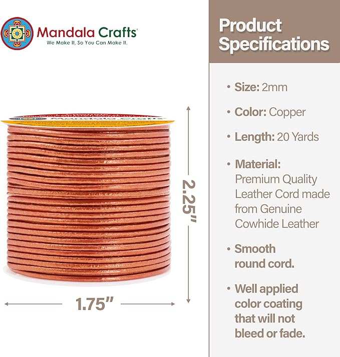 Mandala Crafts Round Genuine Copper Leather Cord for Jewelry Making – 2mm Cowhide Leather Rope String Lace for Kumihimo – 20 Yards Cowhide Craft Cording Spool