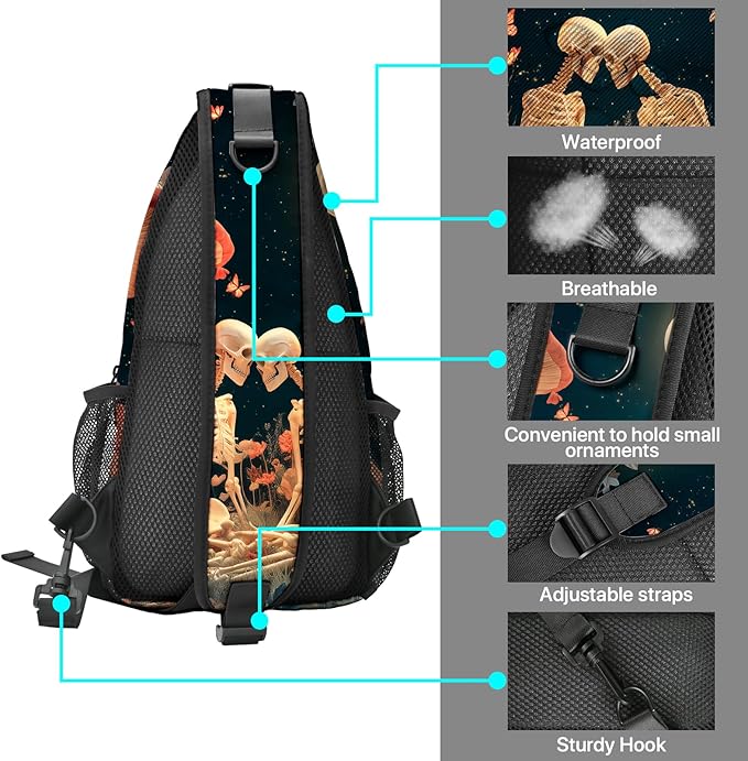 FyLybois Skull Sling Bag for Women Lightweight Crossbody Backpack Casual Daypack with Adjustable Strap for Travel Work Hiking Everyday Use