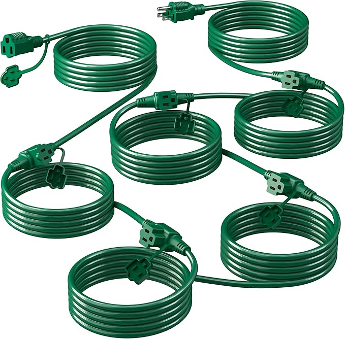 Eversimpleinc 50FT Outdoor Extension Cord with 6 Outlets Evenly Spaced··, with Waterproof Cover, Ideal for Outdoor Decoration Lawn Patio Lights, 16AWG/3C SJTW, ETL Listed