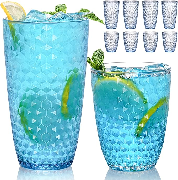 BELLAFORTE Shatterproof Plastic Tumbler Set – Laguna Beach 19oz Tall & 12oz Short Drinking Glasses – Unbreakable Stackable Drinkware for Indoor Outdoor, Dishwasher Safe, BPA Free (Blue, 12)