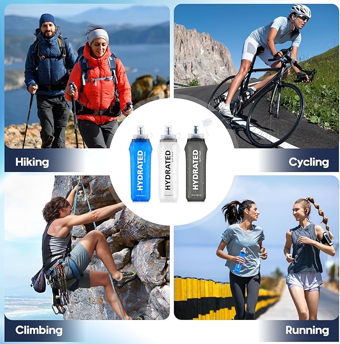 SLUXKE 3 Pack Soft Water Bottle, 25oz/750ml Flask Running Bottles for Hydration Packs, TPU Collapsible Reusable Handheld Flasks for Hiking Cycling Climbing