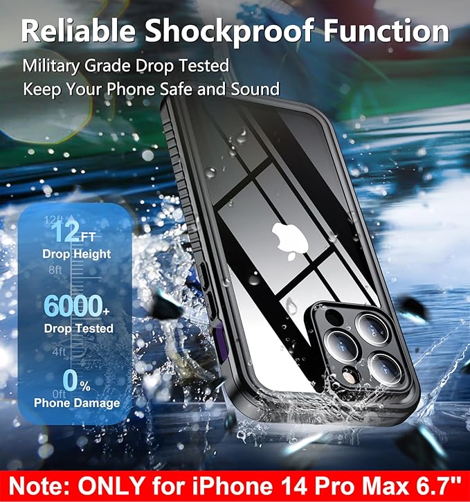 SPIDERCASE Only Designed for iPhone 14 Pro Max Case Waterproof [12FT Military Dropproof] [Built-in Screen Protector] [IP68 Underwater] Full Body Shockproof Protective Phone Case 6.7'' 2022, Purple