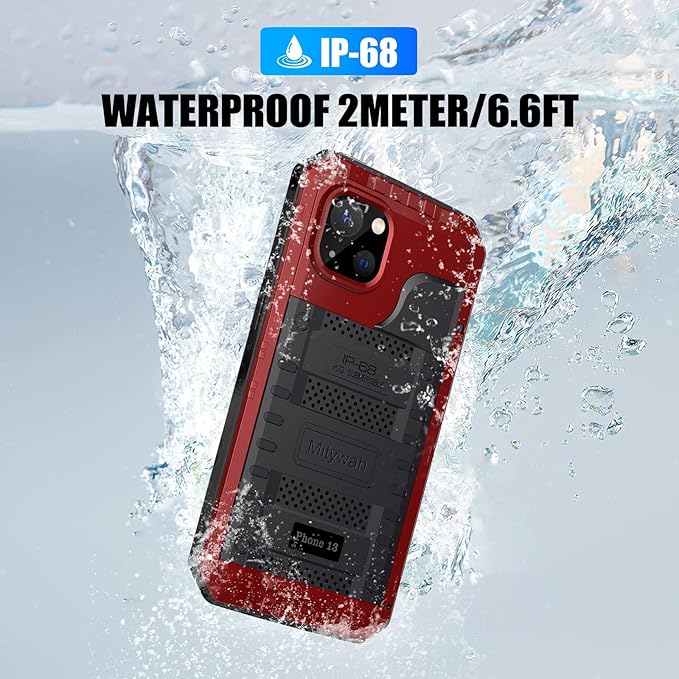 Mitywah Waterproof Case for iPhone 13, Heavy Duty Military Grade Drop Protection Phone Case with Built-in Screen Protector, 360° Full Body Protection Metal Armor Dropproof Case 6.1 inch, Red