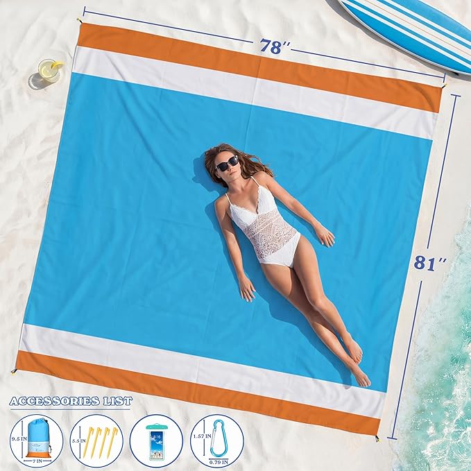 Famstar Beach Blanket Oversized Extra Large78 X 81",Waterproof Sandproof Beach Blanket 1-7 Adults Lightweight Durable for Travel Camping Hiking Picnic (78" X 81", Orange&Blue)
