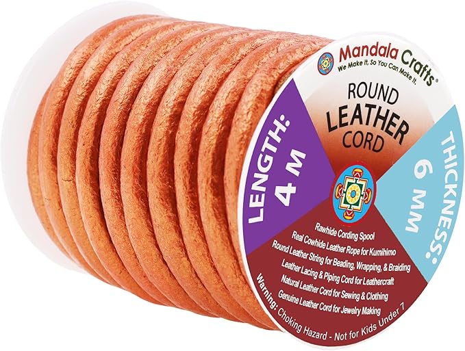 Mandala Crafts Round Genuine Copper Leather Cord for Jewelry Making – 6mm Cowhide Leather Rope String Lace for Kumihimo – 4.4 Yards Cowhide Craft Cording Spool