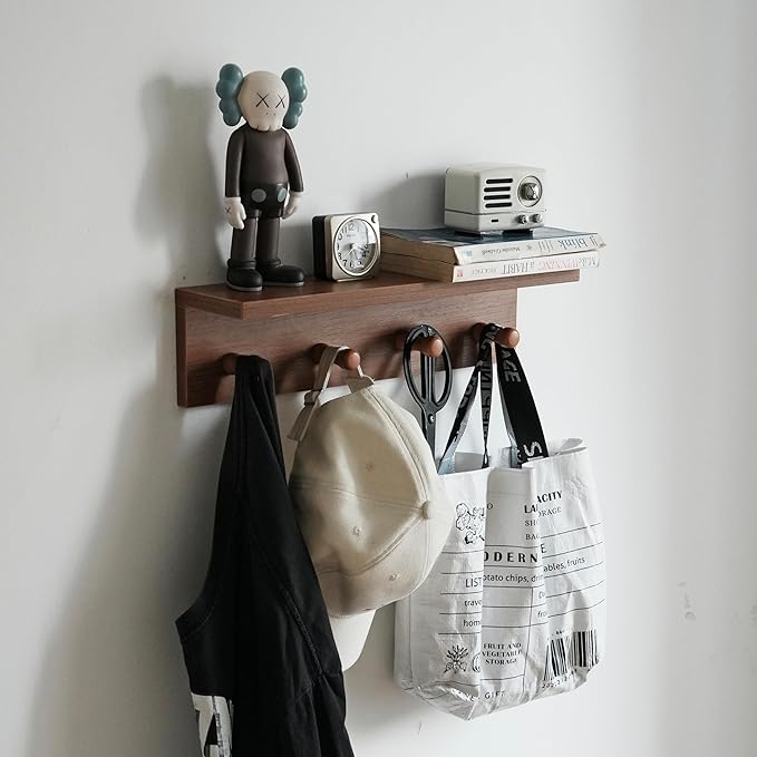 Entrance Coat Rack ，Coat Hooks, Wall-Mounted Wooden Hook Rack, Wall-Mounted Shelves are Very Suitable (Teak Color Finish—A-2)
