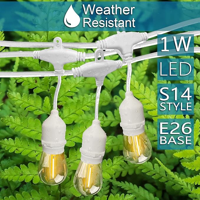 Banord Outdoor String Lights, 50FT Waterproof Patio Lights with 1W Dimmable LED Bulbs, Hanging String Lights for Outdoor Backyard, Garden, Deck, Porch, Gazebo, Balcony, Camping, Party(White)
