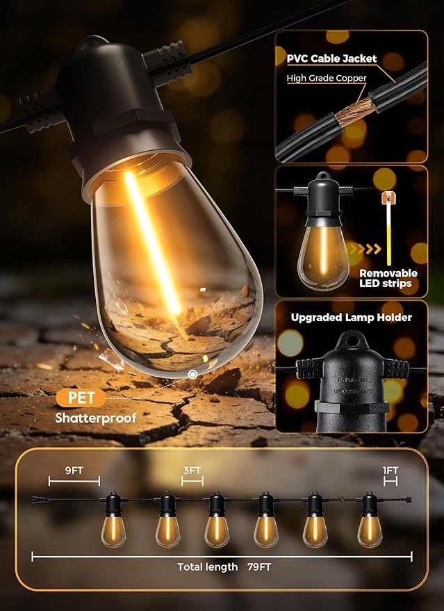 Minetom 79FT Solar String Lights Outdoor Waterproof, 24 LED S14 Shatterproof Bulb, Patio Lights with Remote Type-C Port Timable, 3 Light Modes Dimmable Solar String Lights for Outside, Yard, Camping