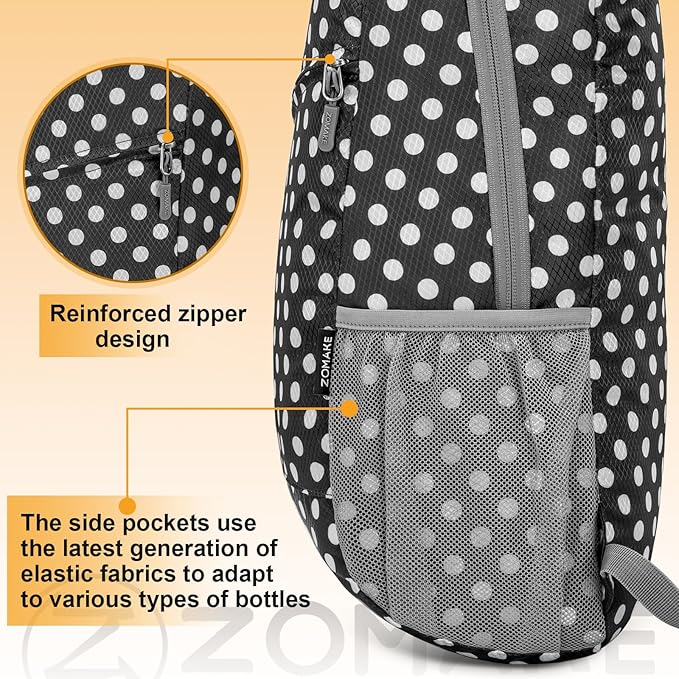 ZOMAKE Lightweight Packable Backpack,Foldable Backpacks Small Daypack for Hiking Water Resistant Day Bag for Travel(Black,White polka dots)
