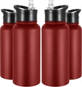 VEGOND 32 oz Insulated Water Bottle Bulk Stainless Steel Metal Water Bottles with Leak Proof Straw Lid & Spout Lid, Wide Mouth Double Walled Vacuum Travel Sports Bottle, Red 4 Pack