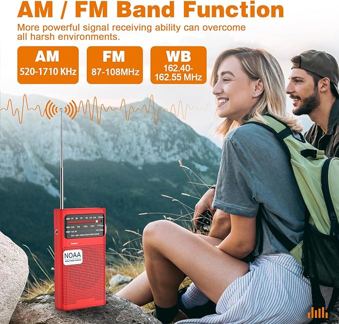 Goodes NOAA Weather Radio, AM FM NOAA Emergency Radio Portable with Best Reception, Headphone Jack, Powered by 2 AA Battery, Transistor Radios Battery-Operated for Emergency, Hurricane, Home(Red)