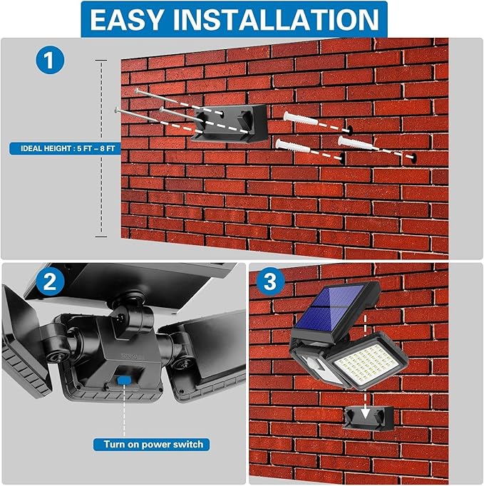 AmeriTop Solar Lights Outdoor, 2 Pack 128 High Brightness LED Cordless Solar Motion Sensor Lights; 3 Adjustable Heads, 270°Wide Angle Illumination, IP65 Waterproof, Security Flood Light