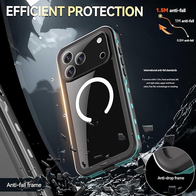 Compatible for iPhone 17 Pro Max Case 6.9" Waterproof 【Compatible with Magsafe 】【IP68 Underwater】 Clear Magnetic Built-in Screen Protection Lanyard Diving Swim Dustproof Shockproof Blue