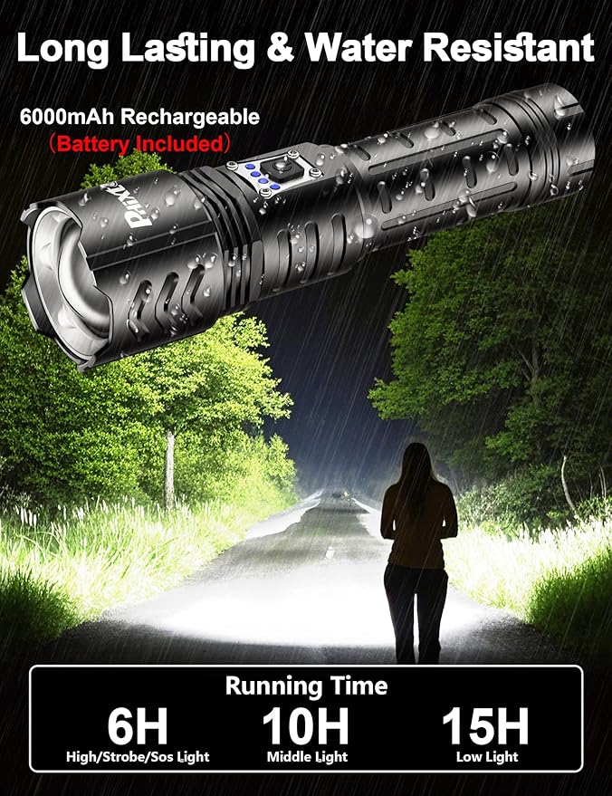 PHIXTON Rechargeable Flashlights High Lumens 10000 Super Bright Long Range 3280FT, Long Lasting 15H Powerful USB C LED Strong Flash Light High Powered, Heavy Duty, Zoomable, for Home Camping Gift