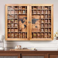 Large World Map Shot Glass Display Case 60 Slots with Acrylic Glass Door, 34 x 26''Rustic Brown Wood Holder for 2 Different Size Shot Glasses, Bars Wine Cellars Used for Jewelry Stones Shell