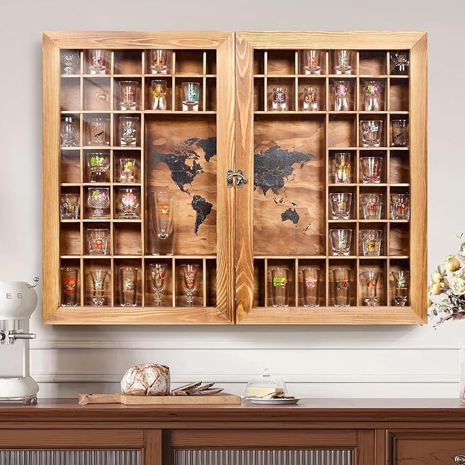 Large World Map Shot Glass Display Case 60 Slots with Acrylic Glass Door, 34 x 26''Rustic Brown Wood Holder for 2 Different Size Shot Glasses, Bars Wine Cellars Used for Jewelry Stones Shell