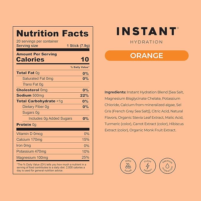 Instant Hydration Sugar Free Electrolytes Powder Packets - Orange Citrus Electrolyte Drink Mix & Travel Essentials - Post Workout Recovery, Brain Health, Muscle & Tissue Support - 20 Count