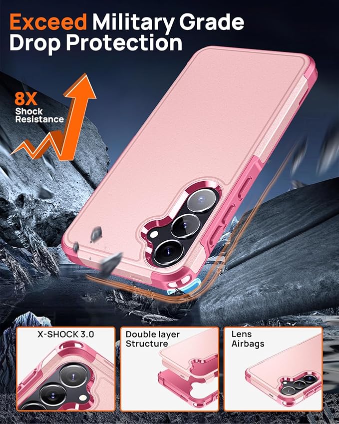 Lanhiem for Samsung Galaxy S25 S24 Phone Case with Tempered Glass Screen Protector, Shock Absorption, Anti-Scratch Shockproof Case Cover for Samsung S25 S24, Pink