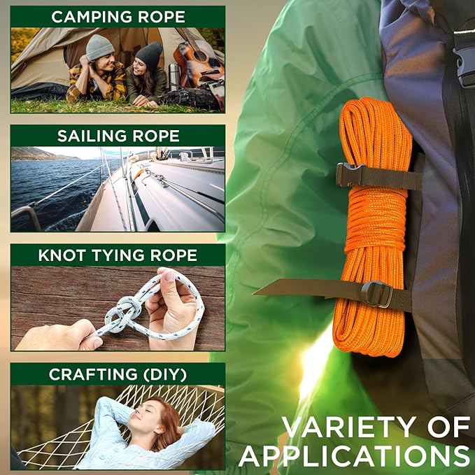 TECEUM Rope – 150 Feet x 1/4 Inch (7mm) – Orange Yellow – Strong All-Purpose Utility Rope – Camping, Crafting, Flag Pole, Indoor & Outdoor – Polypropylene Nylon Poly Lightweight Diamond Braided Cord