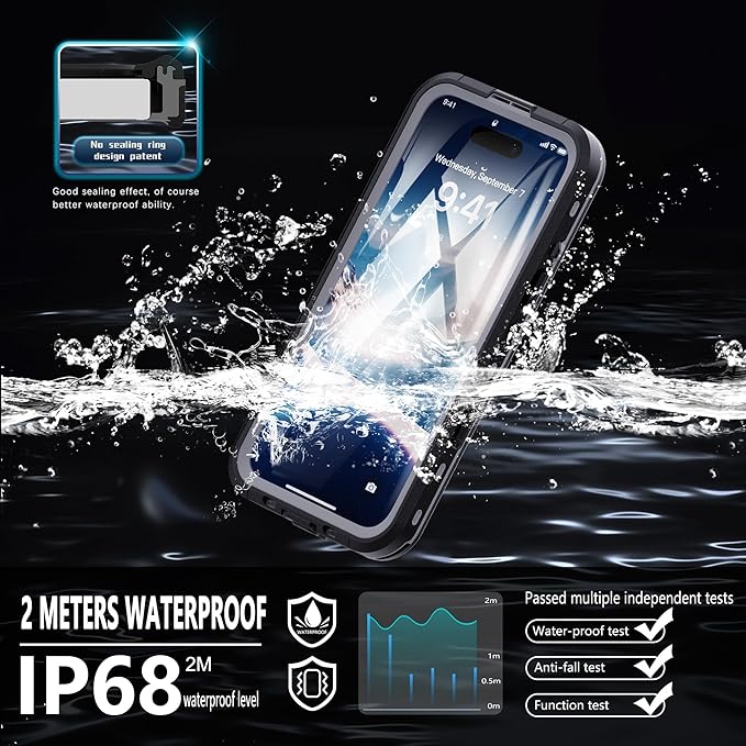 Compatible for iPhone 16 Plus Case Waterproof 【Compatible with Magsafe 】【IP68 Underwater】 Clear Magnetic Built-in Screen Protection Lanyard Diving Swim Dustproof Shockproof Black