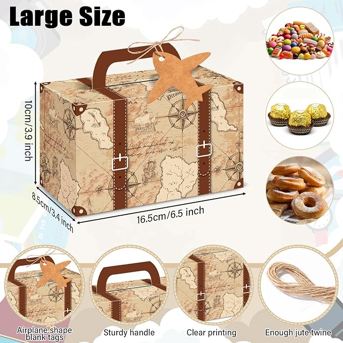 24Pcs Large Suitcase Party Favor Boxes Travel The Map Paper Treat Box with Tags Birthday Supplies Travel Theme Candy Goodie Gift Boxes for Birthday Shower Wedding Vintage Party Table Decoration