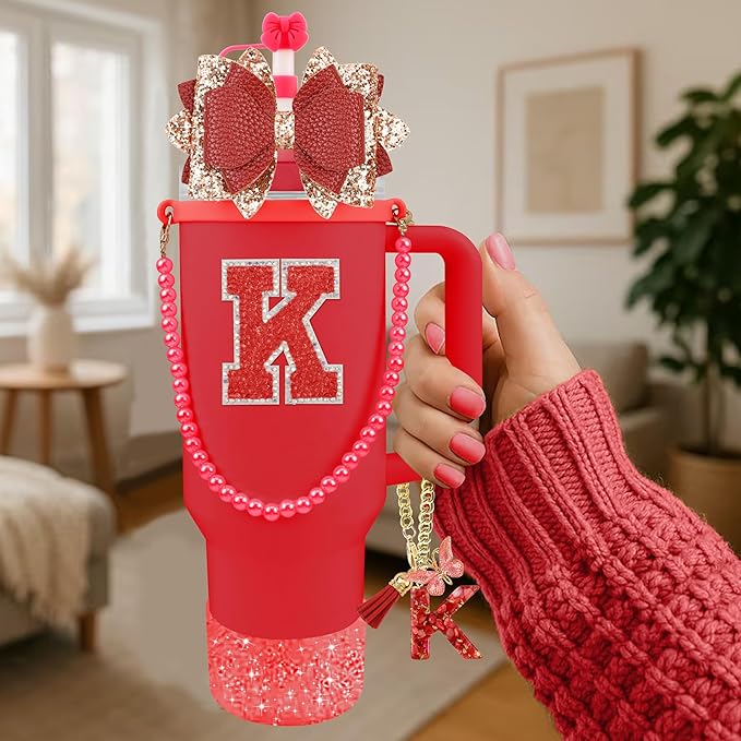 9PCS Red for Stanley Cup Accessories Set Bling Initials Bow Charms for Stanley Decorations 30/40 Oz Tumbler Accessories Including Bow Straw Topper, Handle Strap, Spill Stopper（Letter K）