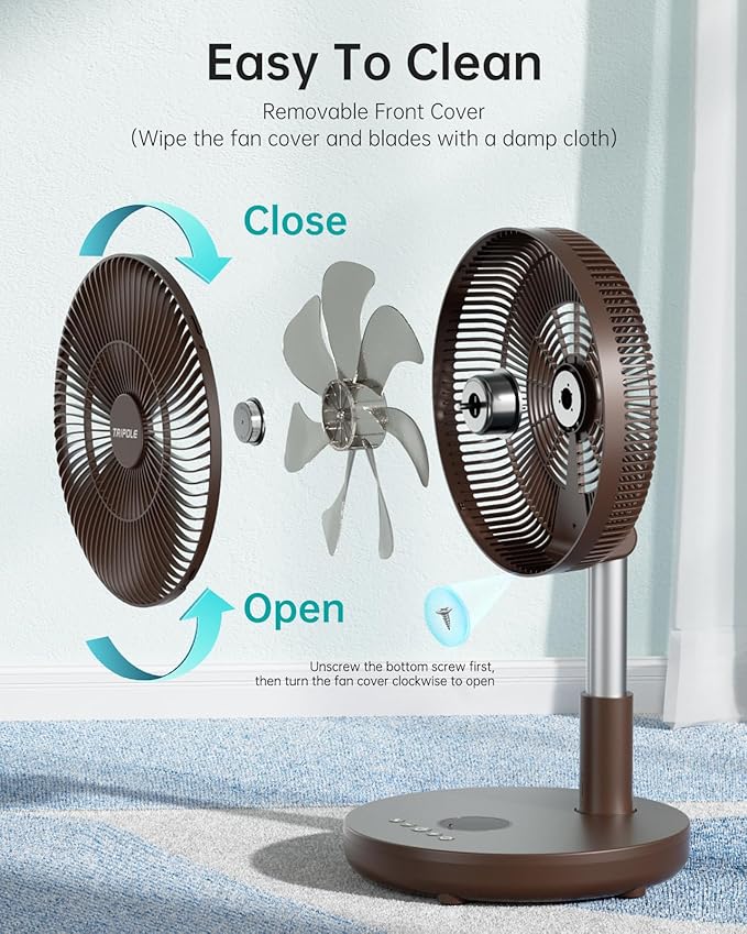 TriPole Foldable Standing Fan 12" Portable Rechargeable Battery Pedestal Fan with Remote, Timer Setting, Height Adjustable, for Home Office, 6 Speed, 12000mAh (Coffee)