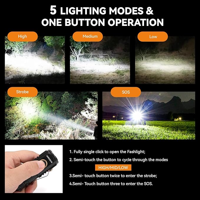 UNROEVS Mini Flashlight 2550 Lumens Rechargeable USB C Charging, Small Flashlights High Lumens 5 Modes, Pocket Light with Clip, Magnetic Flash Light for EDC,Camping, Hiking,Emergency (12 Pack)