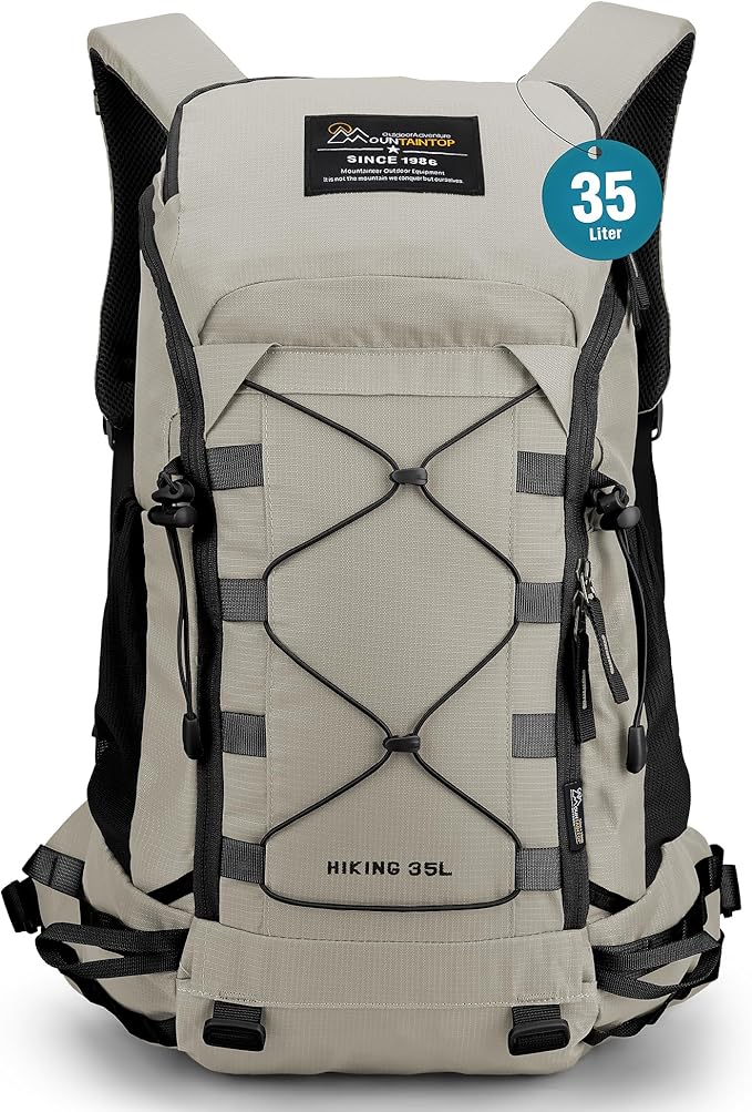 MOUNTAINTOP 35L Hiking Backpack, Lightweight Outdoor Travel Camping Daypack with Rain Cover for Men & Women（White）