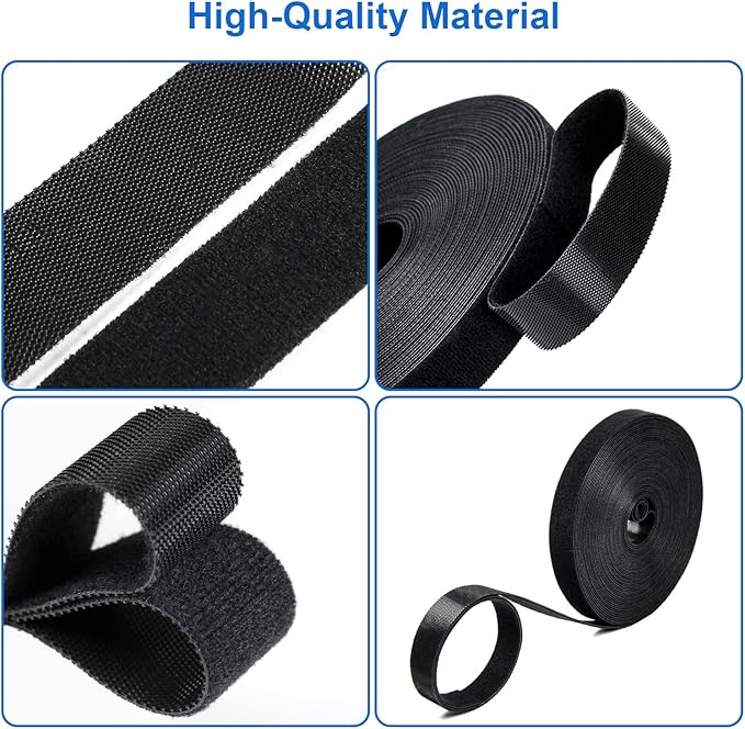 OneLeaf Hook and Loop Roll Reusable Fastening Cable Ties, 20ft x 1inch Black Heavy Duty Cord Organizer Straps, Free Cutting Multi-Purpose Cable Management Tape for Home and Office
