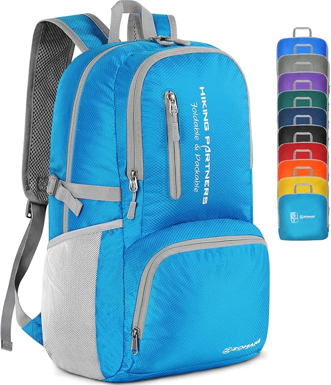 ZOMAKE Lightweight Packable Backpack, 35L Light Foldable Hiking Backpacks Water Resistant Collapsible Daypack for Travel(Light Blue)