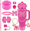 9PCS Hot Pink for Stanley Cup Accessories Set Bling Initials Bow Charms for Stanley Decorations 30/40 Oz Tumbler Accessories Including Bow Straw Topper, Handle Strap, Spill Stopper（Letter M）