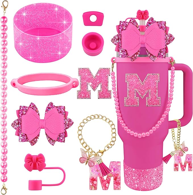9PCS Hot Pink for Stanley Cup Accessories Set Bling Initials Bow Charms for Stanley Decorations 30/40 Oz Tumbler Accessories Including Bow Straw Topper, Handle Strap, Spill Stopper（Letter M）
