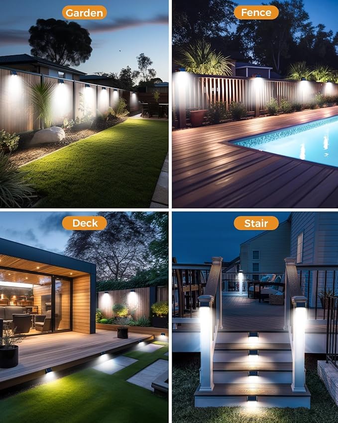 vighep 4 Pack Solar Motion Lights Outdoor, Waterproof Fence Lights Solar Powered with 3 Lighting Mode, Cold White LED Step Light for Outside Wall Yard Deck Stairs Garden - Black
