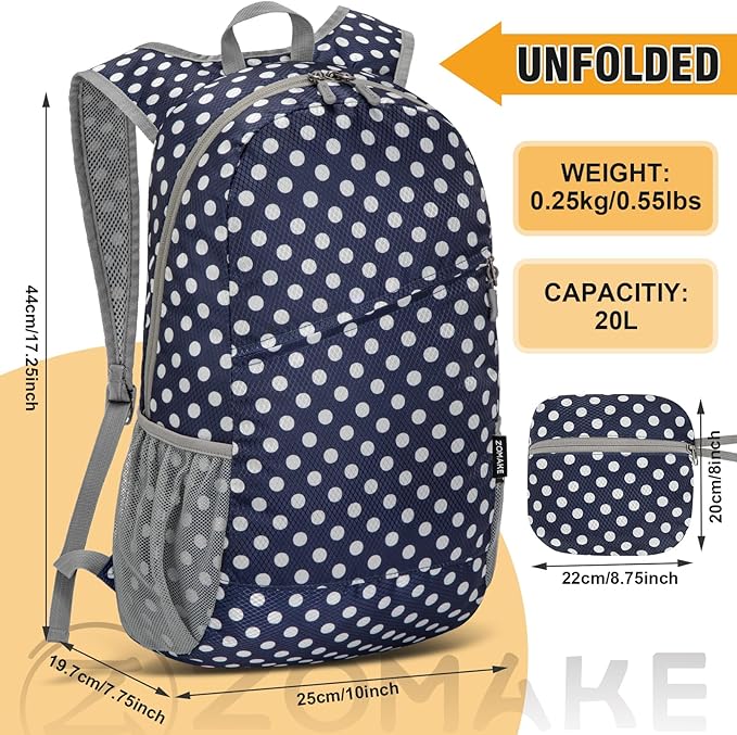 ZOMAKE Lightweight Packable Backpack,Foldable Backpacks Small Daypack for Hiking Water Resistant Day Bag for Travel(Navy Blue,White polka dots)