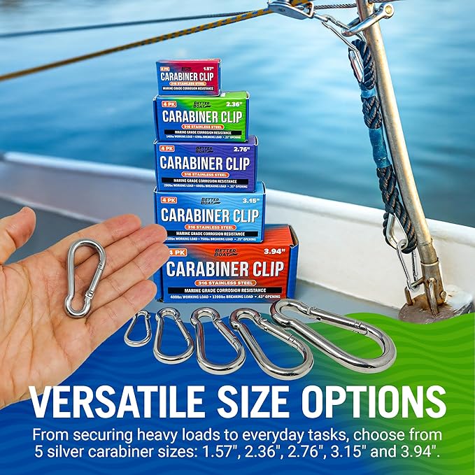 Stainless Steel Carabiner Clip, 4 Pack, 316 Marine Grade, Heavy Duty Spring Snap Hooks, Mini and Large Sizes, 2" to 4" Options