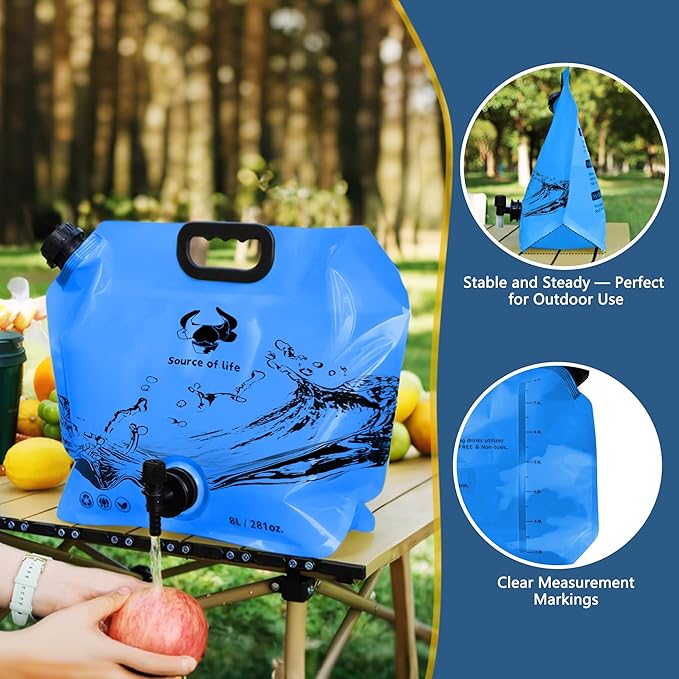 Water Jug Camping 2.1 Gallon Collapsible with Spigot, BPA Free Portable Water Pouch Foldable Water Bags for Outdoor Hiking, Travel and Emergency & Water Storage Containers (Blue-2Pcs)
