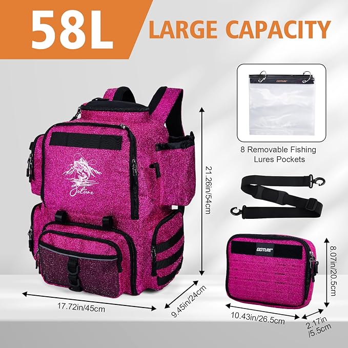 Goture Fishing Backpack, 900D Water-Resistant Tackle Backpack with Rod Holders, 58L Large Storage Gear Fishing Tackle Bag with Detachable Crossbody Bag,8 Lure Pockets,Bottle Holder for Camping Hiking