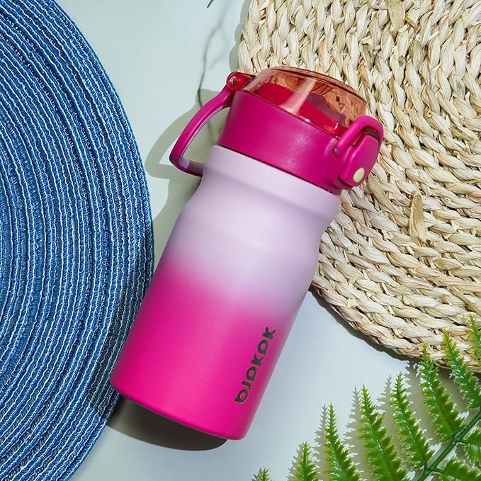 BJPKPK Water Bottle with Straw 14oz Insulated Water Bottles Reusable Stainless Steel Metal Thermal Flask with Leak Proof Lockable Lid and Carry Handle,Light Blue Leopard