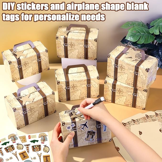 12Pcs Large Suitcase Party Favor Boxes Travel The Map Paper Treat Box with Tags Birthday Supplies Travel Theme Candy Goodie Gift Boxes for Birthday Baby Shower Wedding Vintage Party Table Decoration
