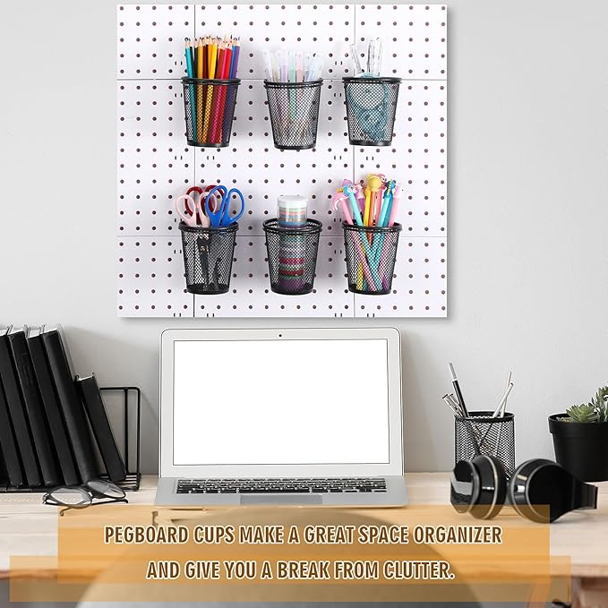 Spakon 6 Sets Pegboard Cups with Ring Hook, Peg Board Baskets Bin Holder Organizer Accessories Pegboard Pencil Cup Multipurpose Metal Pen Holder for Office Garage(Black,2.56x4.13x3.54'',Regular)