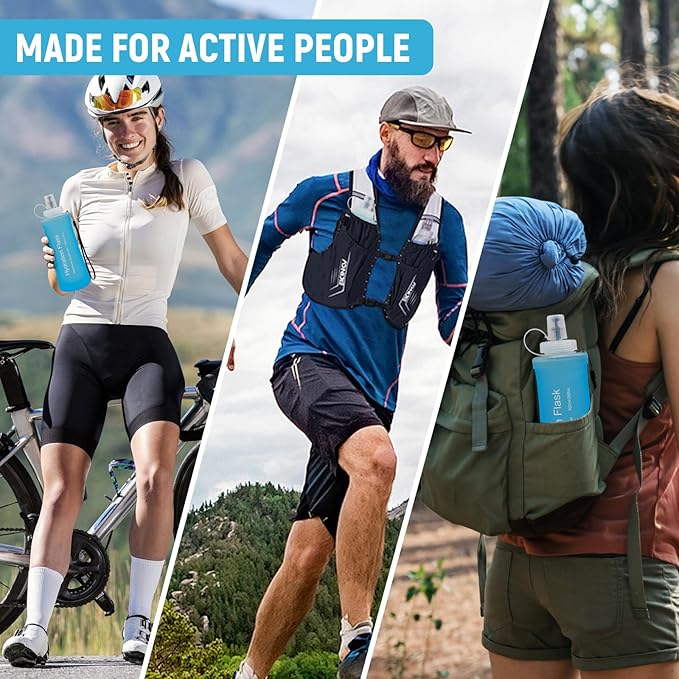 Soft Flask 500ML, TPU Collapsible Soft Water Bottle for Hydration Pack, Running Vest, Folding Water Bottle for Hiking, Cycling Hydration Flask - Blue