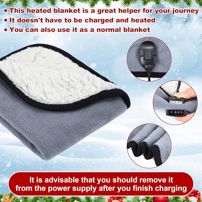 Tuanse 16 x 16 Inches Car Electric Blanket 12 Volt Heated Car Blanket with Temperature Controller and Black Storage Bag Cold Weather Tailgating and Emergency Kit(Gray, White Cotton,Blank)
