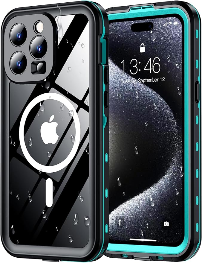 Red2Fire for iPhone 15 Pro Case Waterproof, [Built-in Screen Protector & Camera Protector][Compatible with MagSafe][Full Body Shockproof][IP68 Waterproof][Dustproof] Phone Case 6.1" Blue/Clear