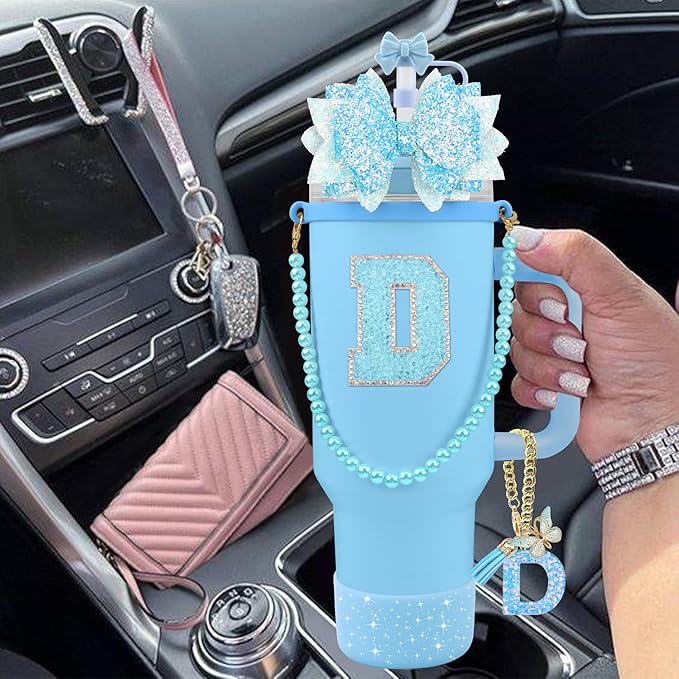 9PCS Blue for Stanley Cup Accessories Set Bling Initials Bow Charms for Stanley Decorations 30/40 Oz Tumbler Accessories Including Bow Straw Topper, Handle Strap, Spill Stopper（Letter D）