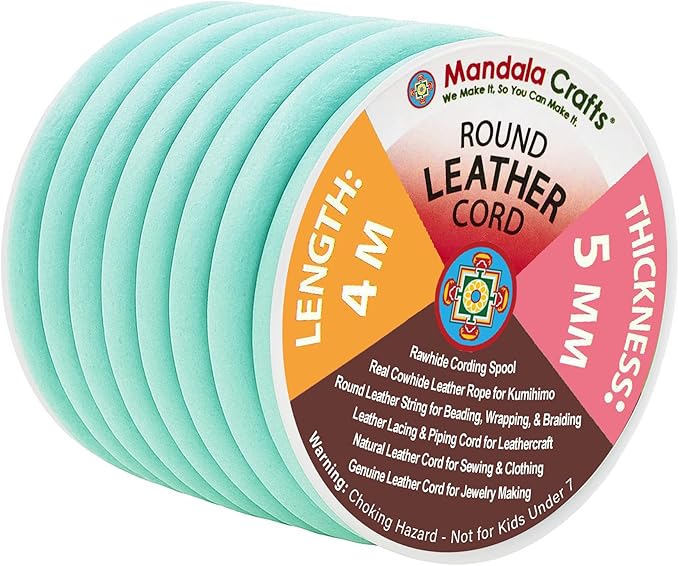 Mandala Crafts Round Genuine Mint Leather Cord for Jewelry Making – 5mm Cowhide Leather Rope String Lace for Kumihimo – 4.4 Yards Cowhide Craft Cording Spool